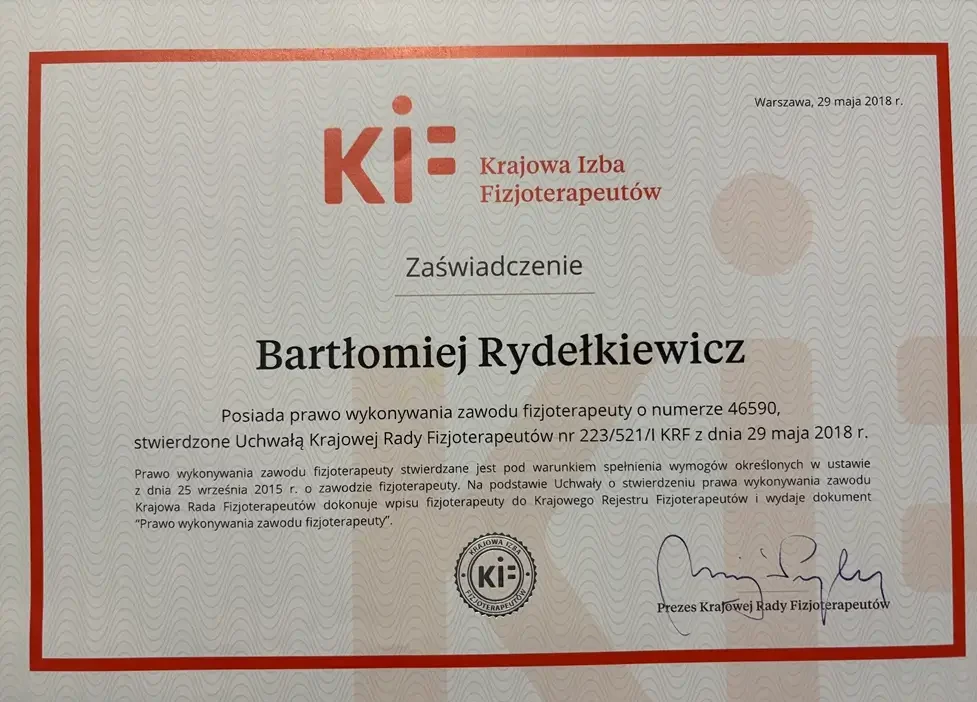 Bartłomiej Rydełkiewic certyfikat