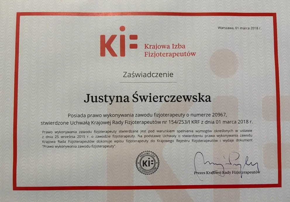 mgr Justyna Świerczewska certyfikat
